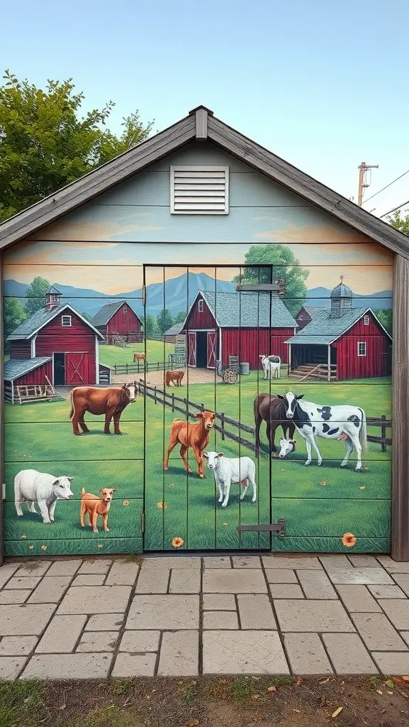Mural depicting rustic farm life with animals and red barns