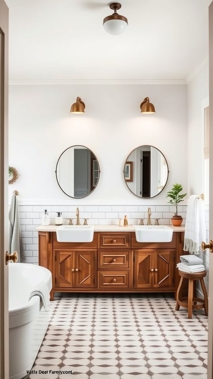 31+ Inspiring Farmhouse Bathroom Ideas You’ll Love 15 A farmhouse bathroom featuring dual sinks, wooden vanity, and stylish lighting.