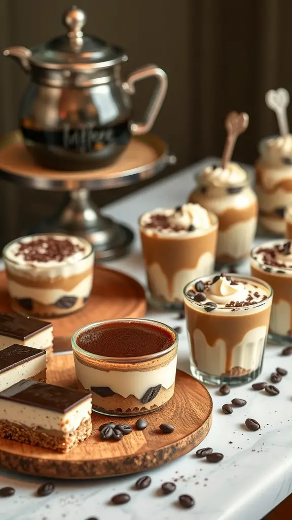 19+ Adorable Coffee-Themed Bridal Shower Ideas You’ll Love 9 A variety of coffee-infused desserts including panna cotta, tiramisu, and cheesecake bars on a table.