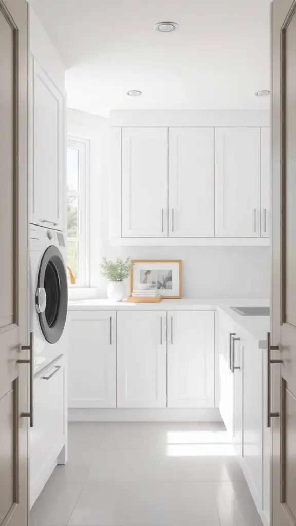 A modern minimalist laundry room with white cabinets and a washer.