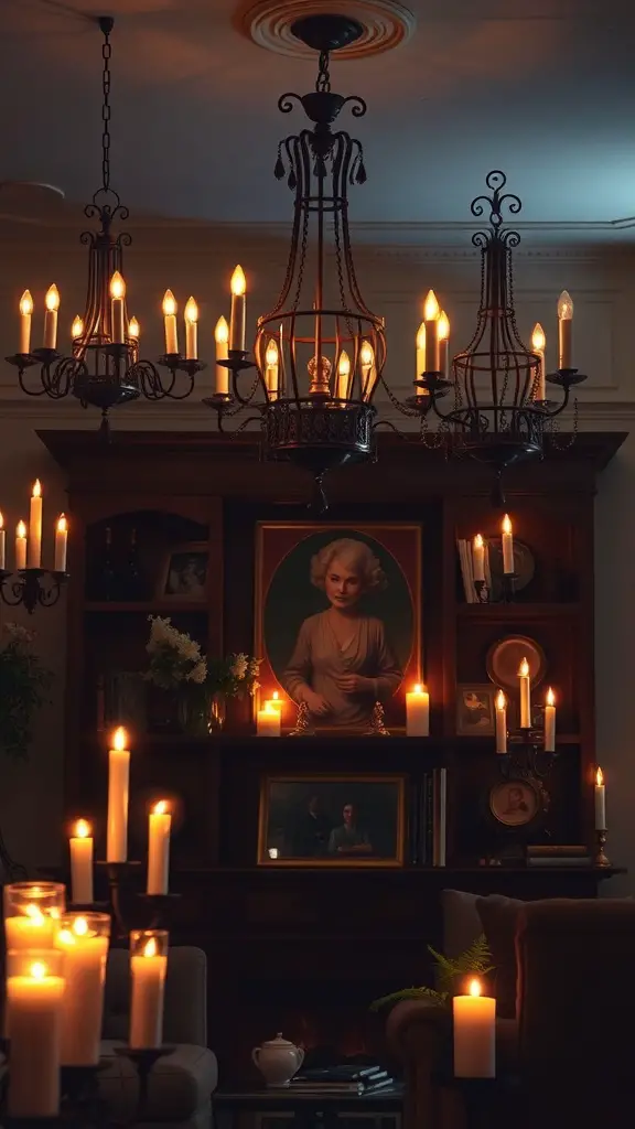 31+ Magical Decor Ideas for a Witchy Living Room 3 A witchy living room with candlelight and ornate chandeliers creating a cozy atmosphere.