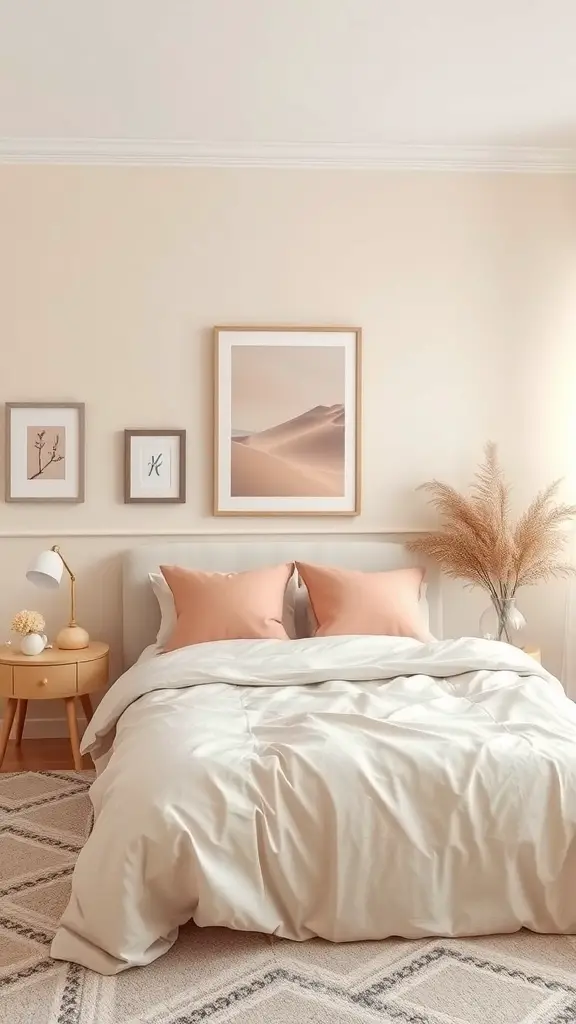 27+ Stunning Beige and Pink Bedroom Ideas for a Cozy Retreat 11 A cozy bedroom with soft beige walls, pink accent pillows, and natural decor elements.