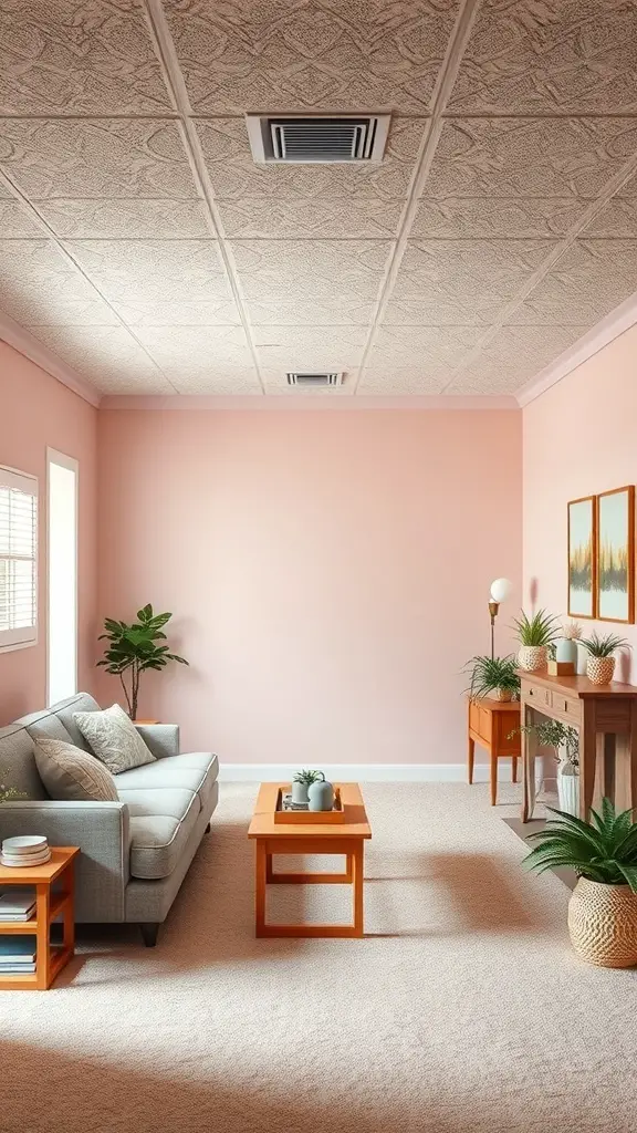 19+ Cozy Unfinished Basement Ideas to Transform Your Space 8 Cozy unfinished basement with soft pink walls, light furniture, and plants