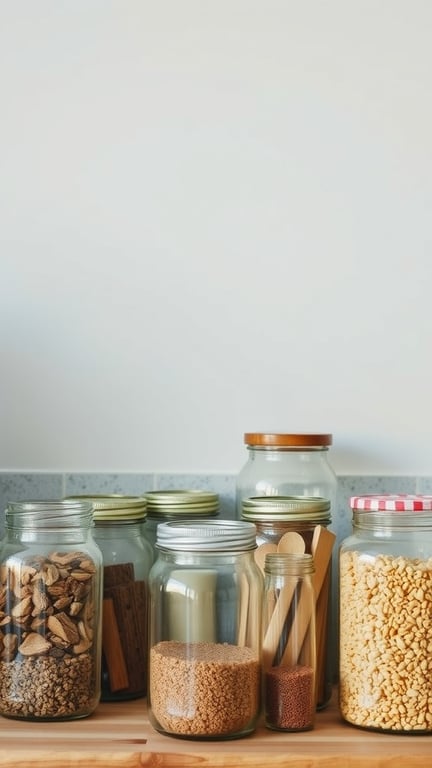 A collection of repurposed glass jars filled with various pantry items, showcasing eco-friendly storage solutions.