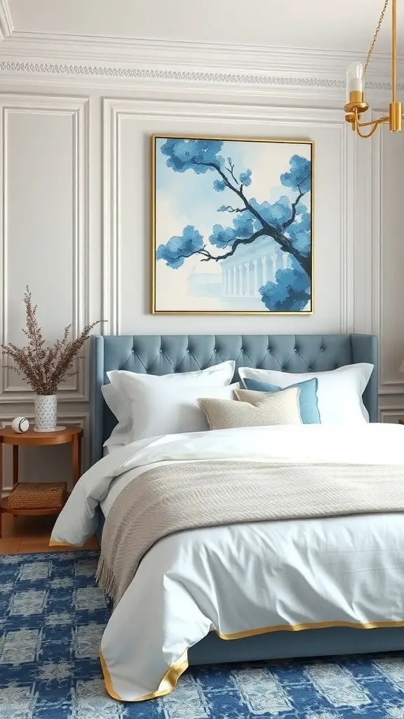 19+ Inspiring Blue and Cream Bedroom Ideas for a Cozy Retreat 12 A cozy blue and cream bedroom with elegant artwork featuring a branch and blue leaves.