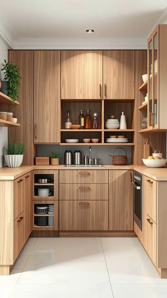 25+ Creative Built-In Pantry Cabinet Wall DIY Ideas 11 Modern pantry cabinet with wooden finish and open shelving