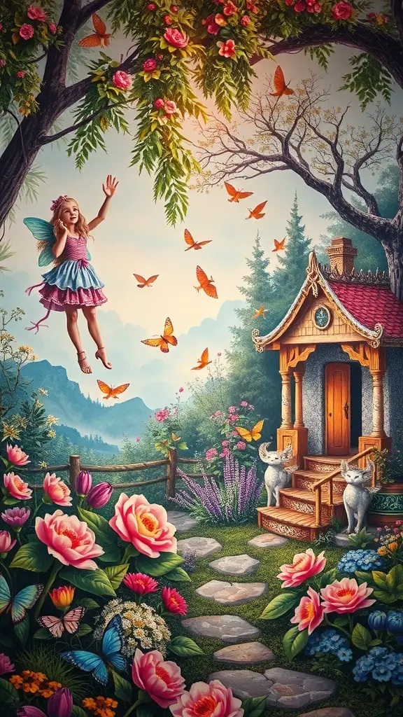 23+ Stunning Garden Mural Ideas to Transform Your Outdoor Space 16 A whimsical fairy tale garden featuring a fairy, butterflies, flowers, and a charming cottage.