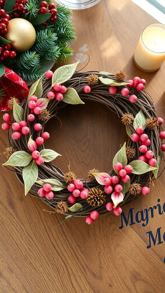 A pink Christmas wreath made with natural dried flowers and pink berries on a wooden table.