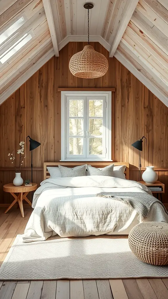 A cozy Stockholm style bedroom featuring wooden walls, a soft bed with light bedding, and natural decor.