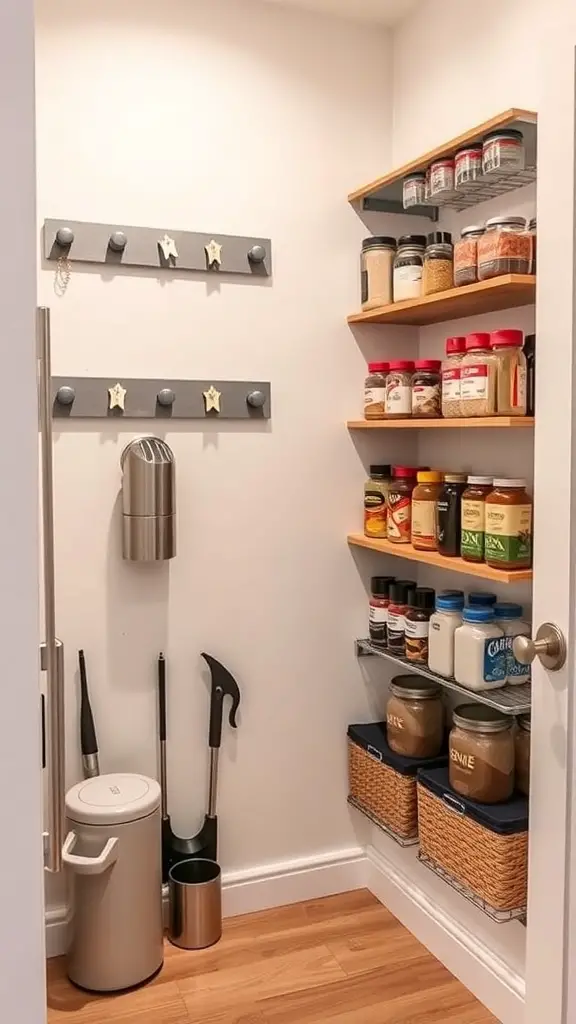 19+ Creative Small Corner Pantry Ideas to Maximize Your Space 15 A small pantry featuring magnetic strips for spice storage with labeled jars.