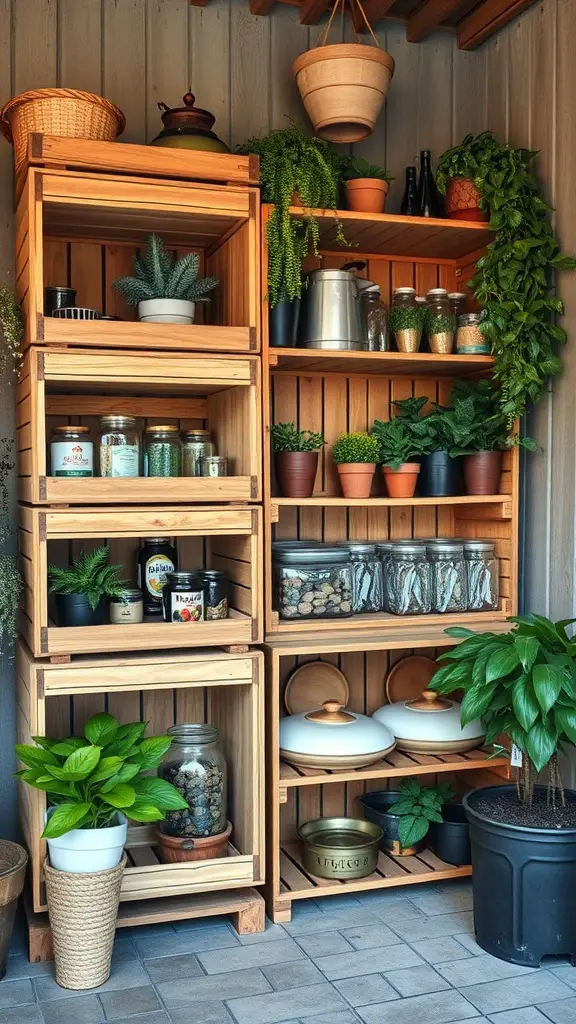 17+ Stylish DIY Pantry Shelf Ideas to Organize Your Space 4 A wooden crate shelving unit filled with plants, jars, and kitchen items.