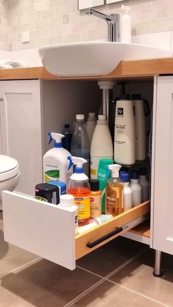23+ Creative Under Sink Bathroom Organization Ideas with 15 Must-Have Items 5 An organized pull-out drawer under a bathroom sink filled with various cleaning and personal care products.