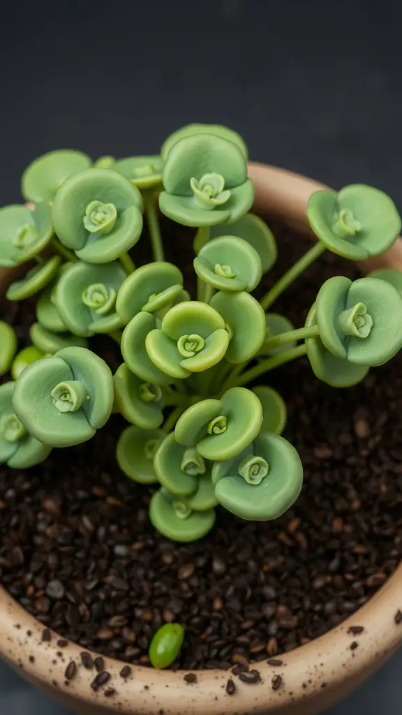 A jade plant with rosette-shaped leaves growing in a pot filled with coffee grounds.