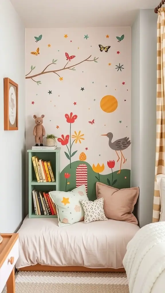 21+ Creative Kids Room Interior Design Ideas for Every Style 9 A cozy reading nook with a small sofa, pillows, and colorful decorations.