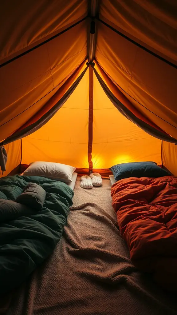 25+ Creative Tent Camping Setup Ideas for Your Next Adventure 7 Interior view of a tent with two sleeping areas, featuring green and orange sleeping bags, pillows, and cozy decor.