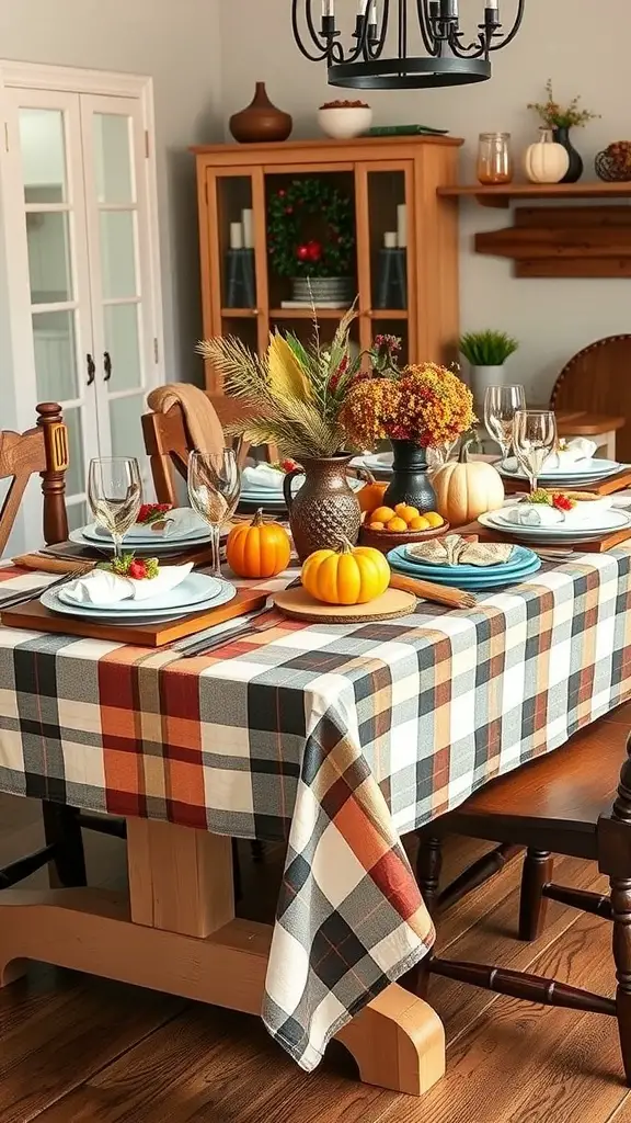 A dining table with a plaid tablecloth, pumpkins, and floral arrangements.