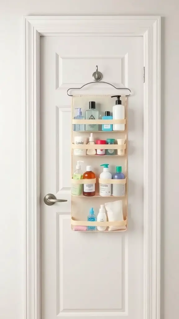 A hanging organizer filled with various bathroom products, attached to a door.