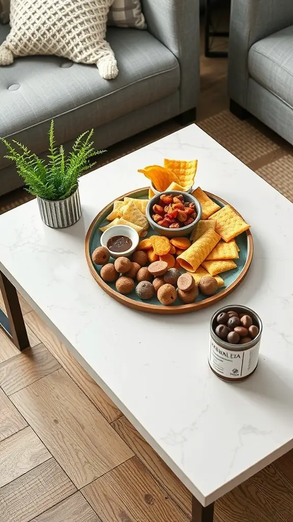 15 Creative Coffee Table Arrangement Ideas to Elevate Your Living Space 14 A coffee table arrangement featuring a platter of snacks including chips, crackers, and sweet treats, complemented by a small plant.
