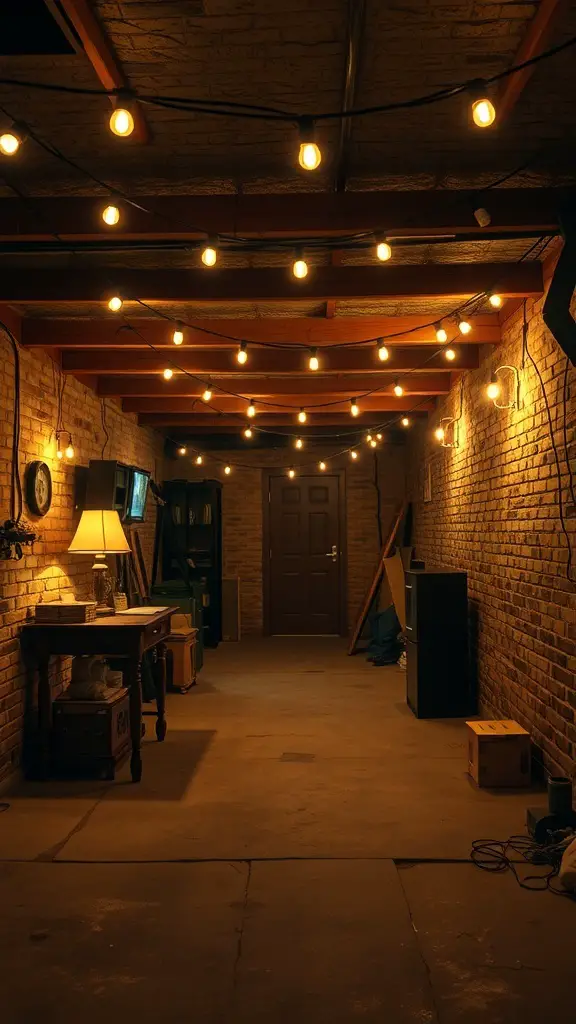 19+ Cozy Unfinished Basement Ideas to Transform Your Space 9 Cozy unfinished basement with warm string lights