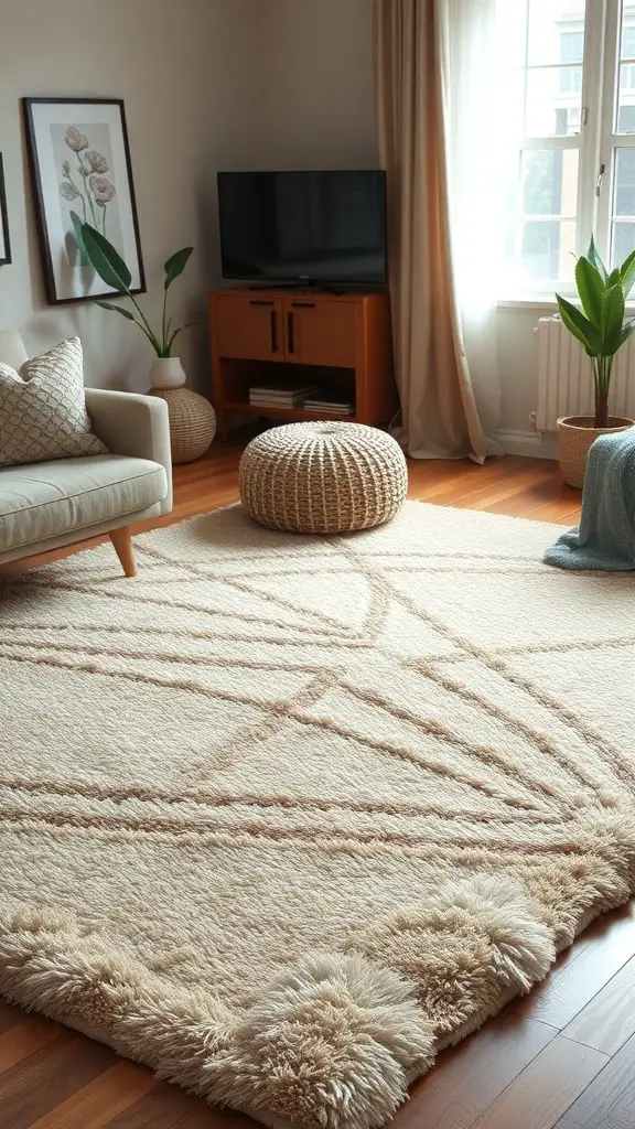 A cozy living room featuring a plush area rug with fluffy edges, a light sofa, and a wooden TV stand.