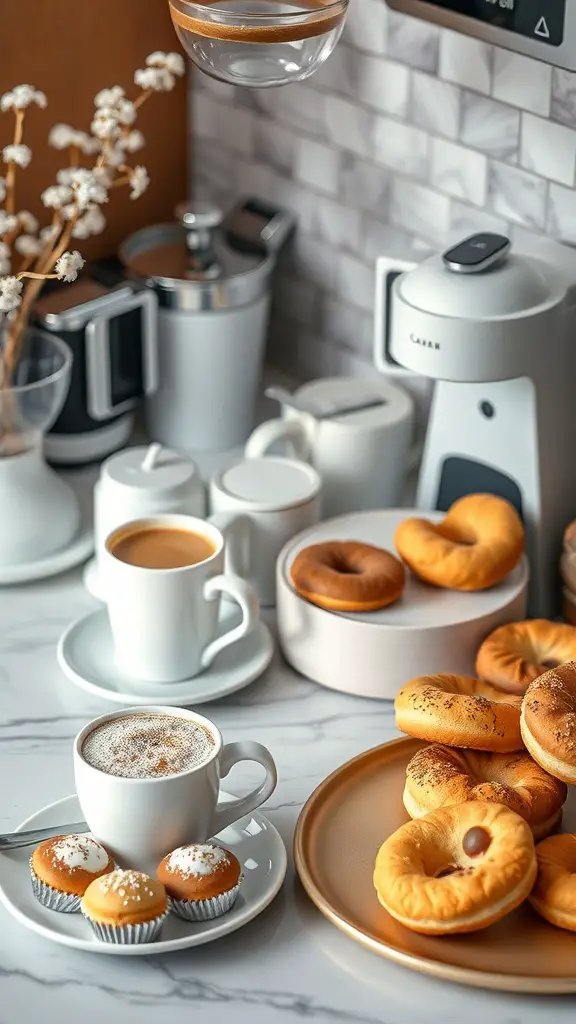 27 Creative Coffee Station Ideas You’ll Love 17 A cozy coffee and dessert pairing station featuring coffee cups, donuts, and mini cupcakes.