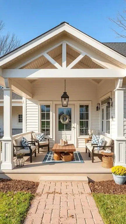 29+ Inspiring Modern Farmhouse Exterior Ideas 2 A modern farmhouse porch with a wrap-around design, featuring cozy seating, a wooden table, and a welcoming pathway.