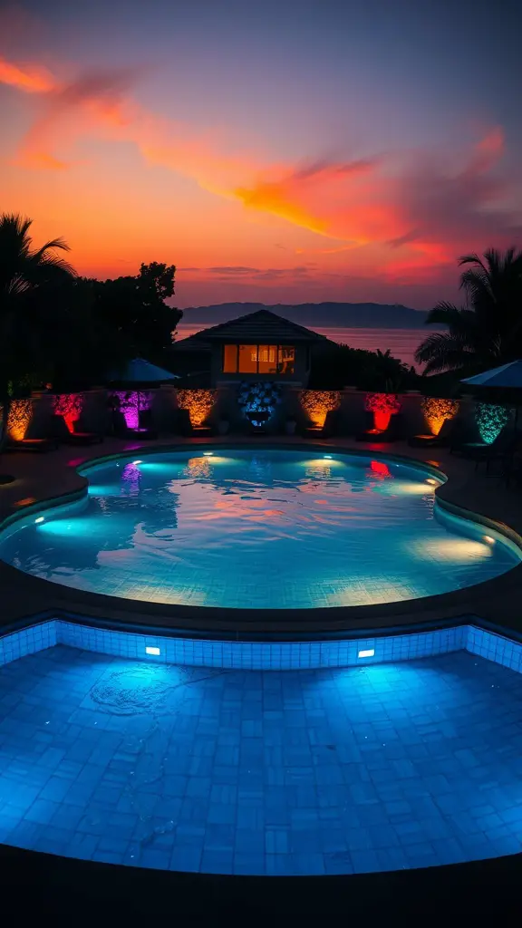 23+ Stunning Semi Inground Pool Ideas for Your Backyard Oasis 2 A beautifully lit semi-inground pool at sunset with colorful lights and a serene atmosphere.