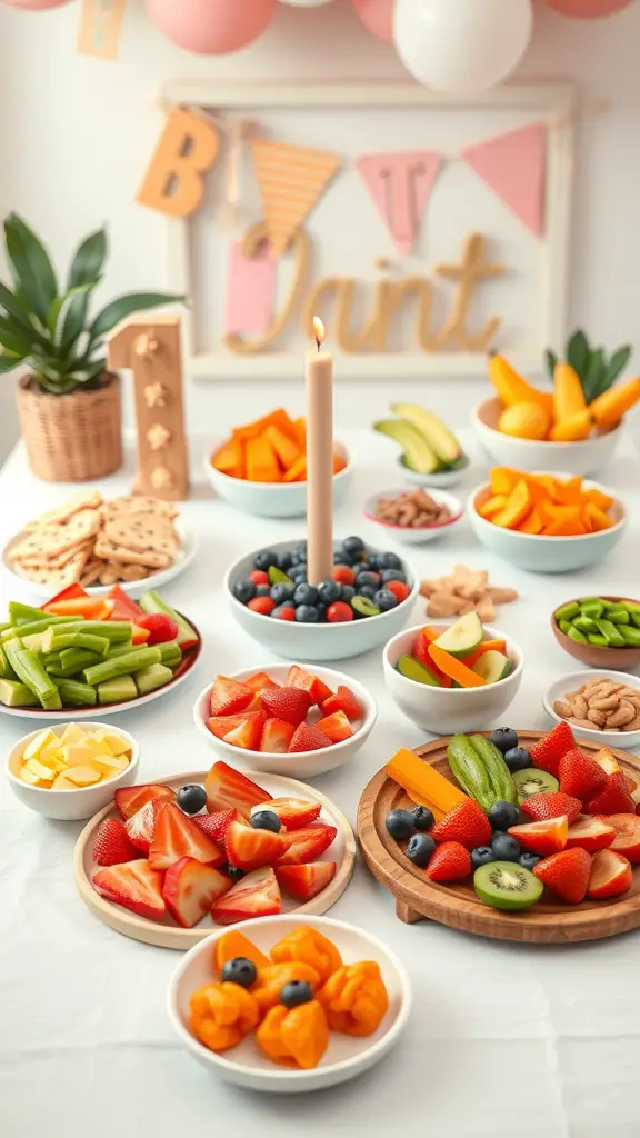 19+ Fun and Creative 1st Birthday Party Ideas for Your Little One 6 A colorful spread of fruits and vegetables for a first birthday party snack table.