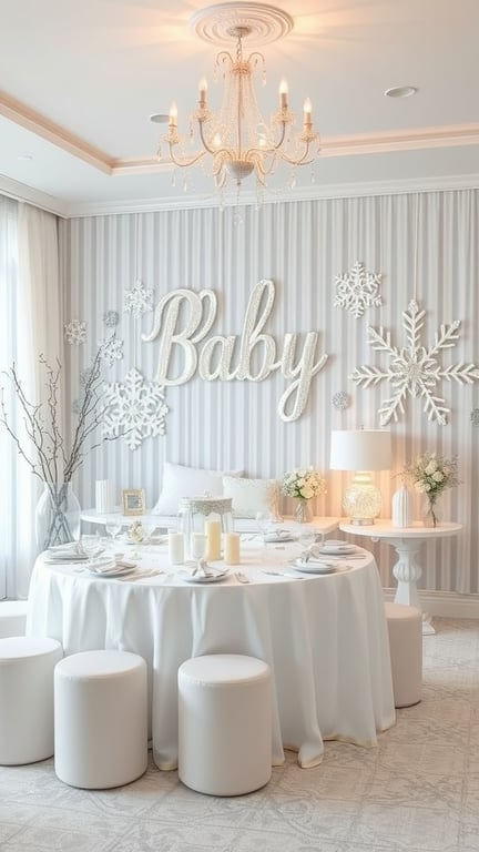 23+ Unique January Baby Shower Themes You’ll Love 6 A beautifully decorated baby shower setting with snowflake decor, a white table, and elegant lighting.