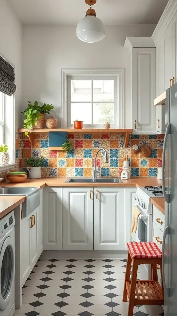 A small cottage kitchen featuring a colorful tile backsplash with orange, blue, and red tiles, white cabinets, and wooden accents.