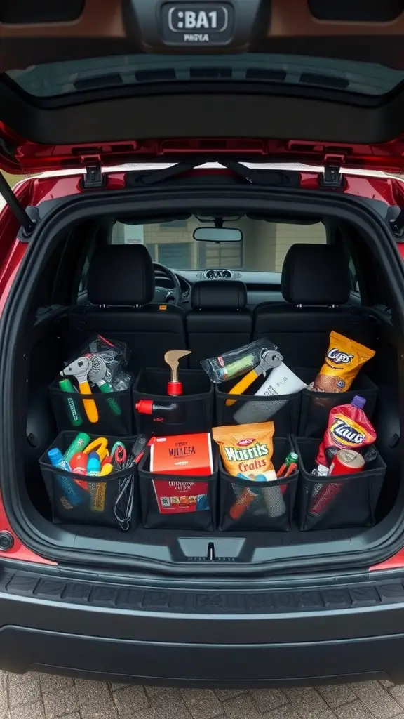 25+ Clever Car Trunk Organization Ideas to Maximize Space 16 A car trunk organized with multi-compartment organizers holding various items.