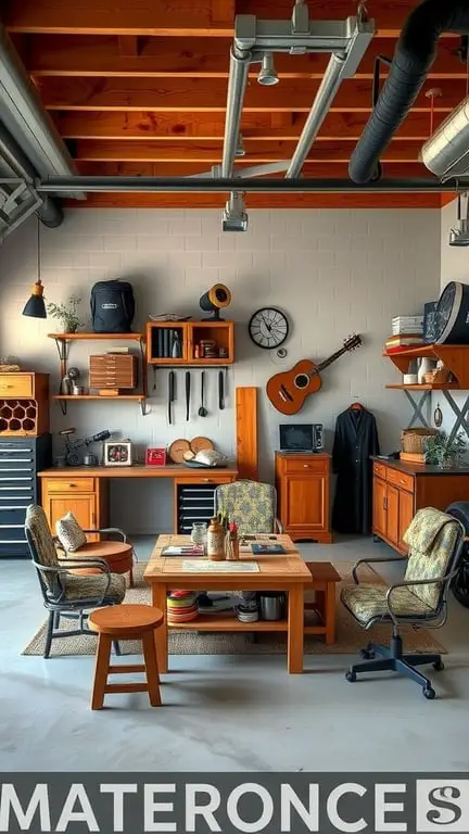 19+ Ultimate Garage Man Cave Ideas You Need to See 16 A cozy garage man cave with wooden furniture, comfortable chairs, and organized shelves.