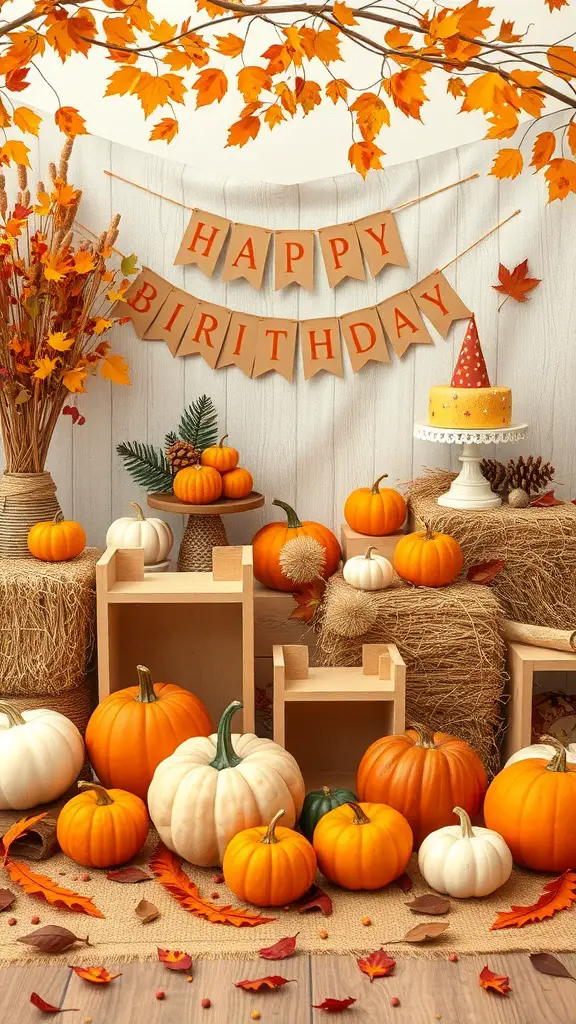 19+ Unique Fall Birthday Party Ideas for an Unforgettable Celebration 7 A festive harvest-themed birthday decoration with pumpkins, autumn leaves, and a birthday banner.