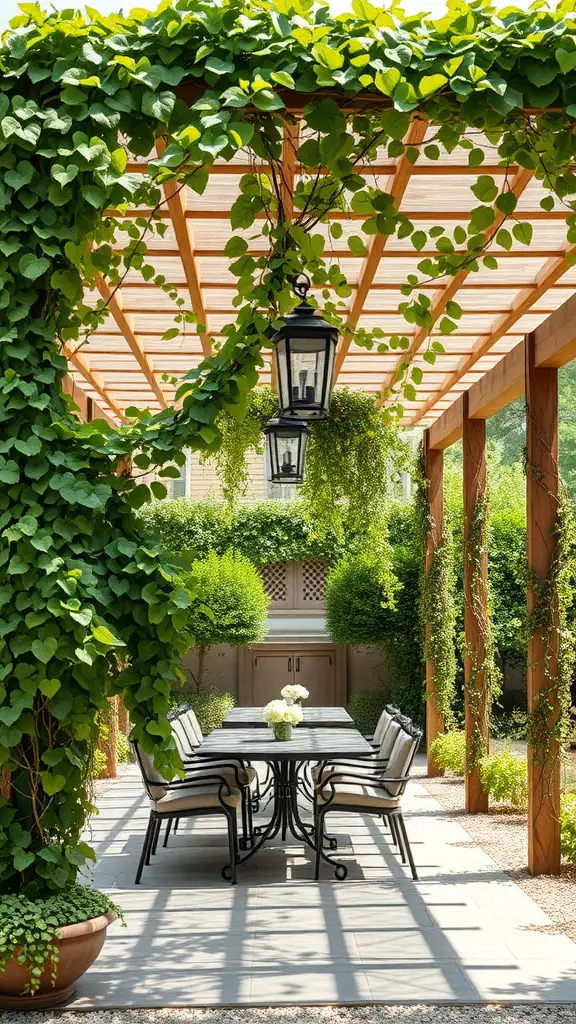 A stylish pergola covered with climbing vines, featuring a dining table and chairs underneath.