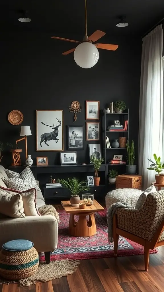 A dark boho living room featuring black walls, cozy furniture, and personalized decor elements.