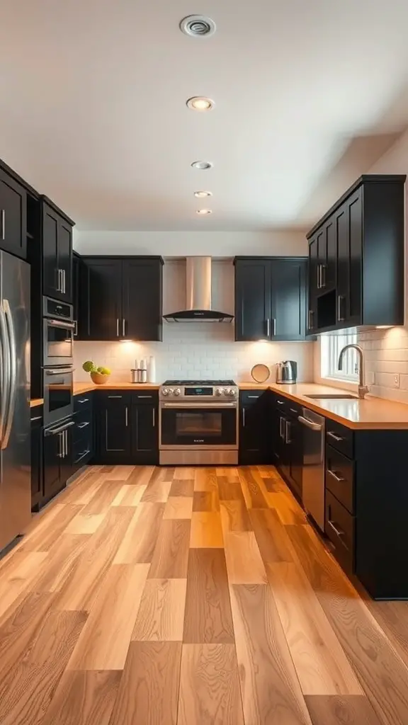 27+ Stunning Black and Natural Wood Kitchen Designs You’ll Love 6 A modern kitchen featuring black cabinetry and natural wood flooring.