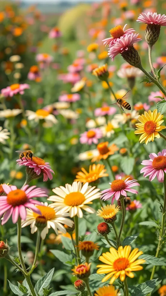 A colorful garden filled with various flowers and bees, showcasing a pollinator-friendly nursery.
