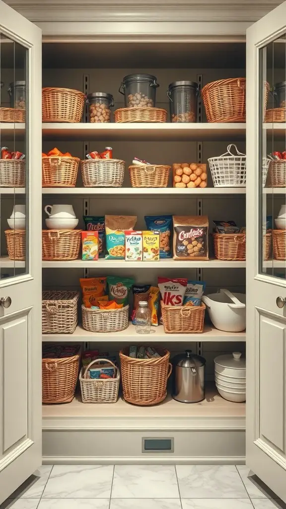 17+ Stylish DIY Pantry Shelf Ideas to Organize Your Space 15 A well-organized pantry with decorative baskets and clear containers on open shelves.