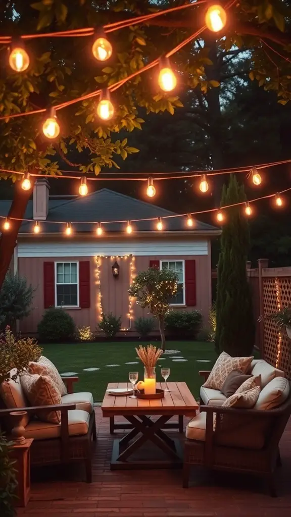 21+ Backyard Engagement Party Ideas for an Unforgettable Celebration 2 Backyard engagement party with string lights creating a romantic atmosphere