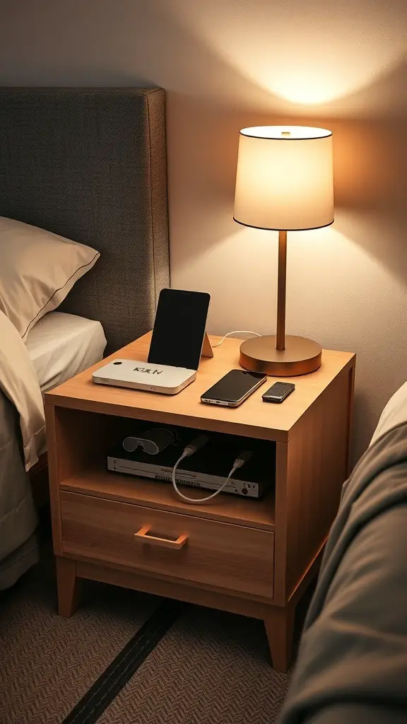 21 Essential Nightstand Organization Ideas for a Clutter-Free Bedroom 9 A modern nightstand with a lamp, tablet, and smartphones, showcasing tech-friendly organization.