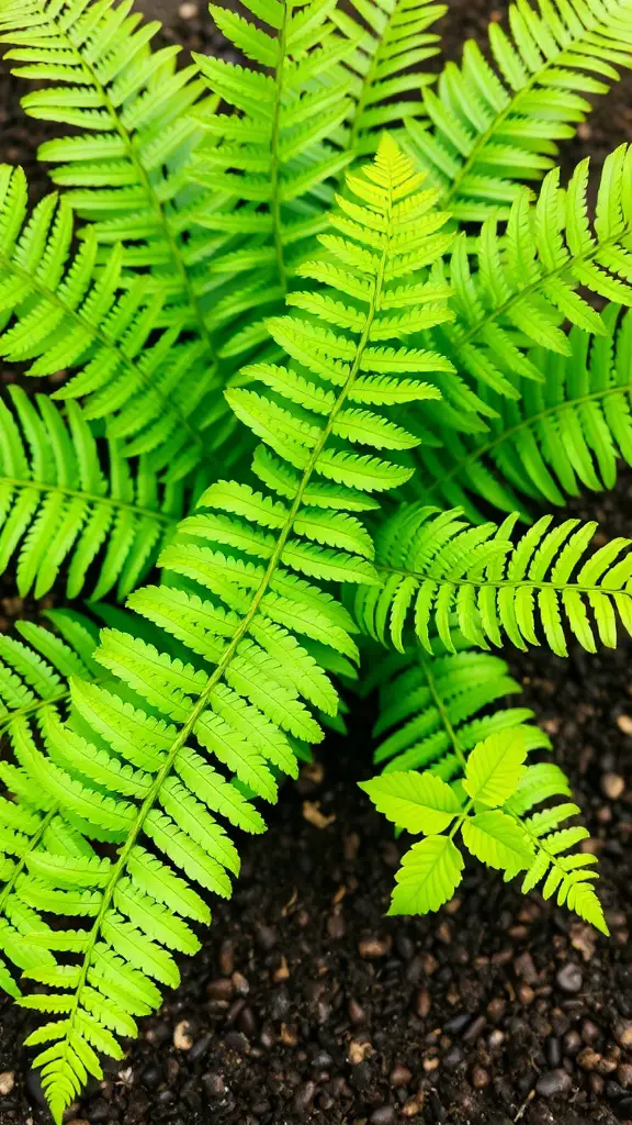 Close-up of vibrant green Boston fern leaves against dark soil.