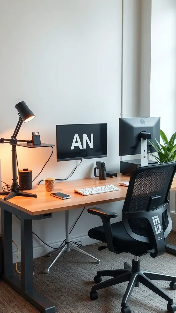 15 Must-Try Desk Organization Ideas for a Tidy Workspace 15 A well-organized ergonomic desk with a monitor, lamp, and plant.