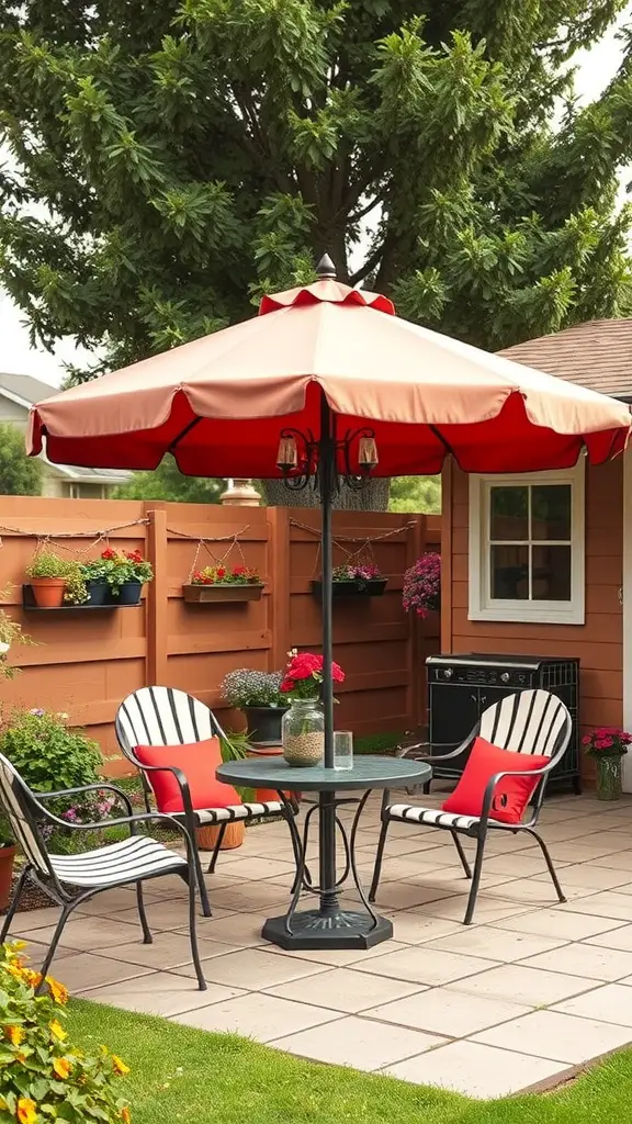17+ Creative Patio Umbrella Ideas for Your Outdoor Space 12 A vintage-inspired patio umbrella with red and cream colors over a table and chairs, surrounded by flowers.