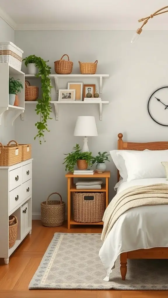 A cozy bedroom featuring stylish storage solutions with woven baskets, shelves, and a warm color palette.