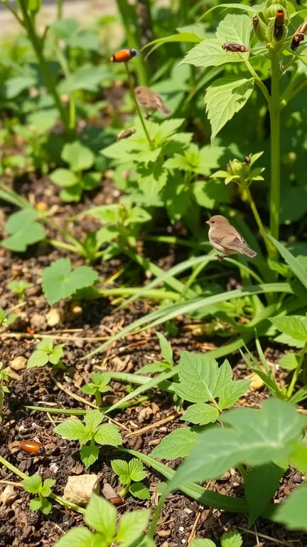 19+ Essential Tips for Creating a Bird-Friendly Garden 13 A garden scene with birds and various insects among green plants.