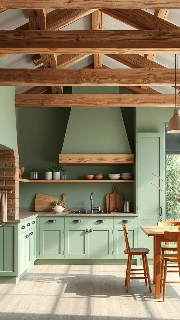 27+ Stunning Sage Green and Wood Kitchen Ideas You’ll Love 16 A kitchen featuring sage green walls and wooden beams, with open shelving and a wooden table.
