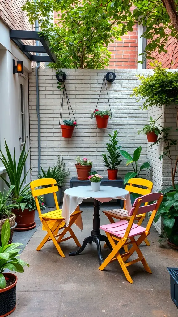 23+ Creative Small City Backyard Ideas for Your Outdoor Space 2 A compact outdoor dining space featuring colorful chairs, a round table, and potted plants.