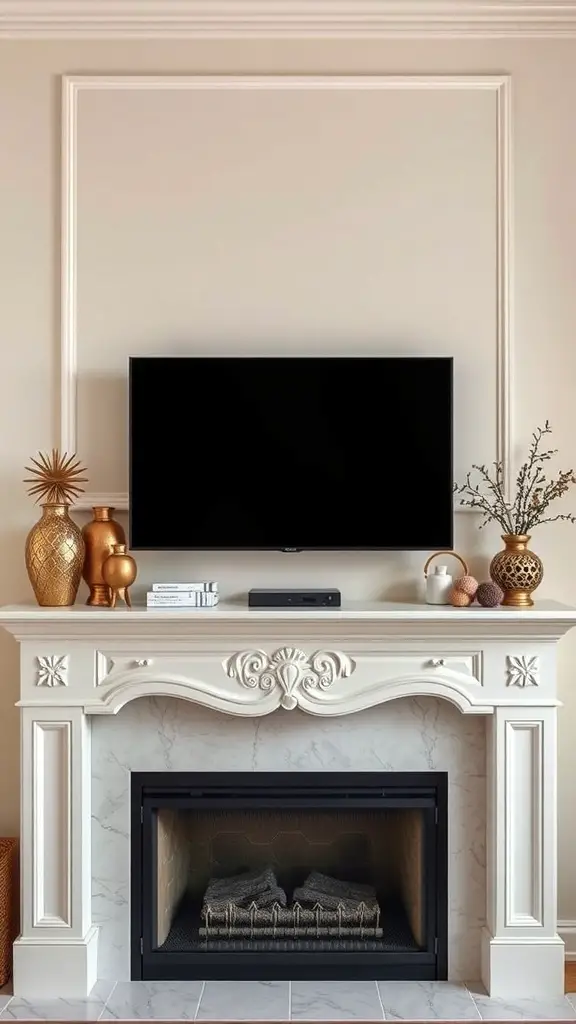 21 Stunning Fireplace TV Wall Ideas for Your Living Room 8 Elegant white fireplace mantel with a TV above it, featuring decorative items.