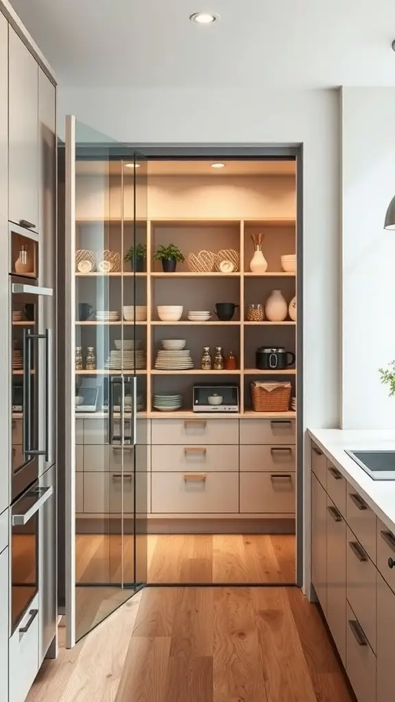 25+ Creative Pantry Door Ideas to Maximize Space and Style 8 A modern kitchen featuring a clear glass pantry door, showcasing organized shelves with dishes and plants.