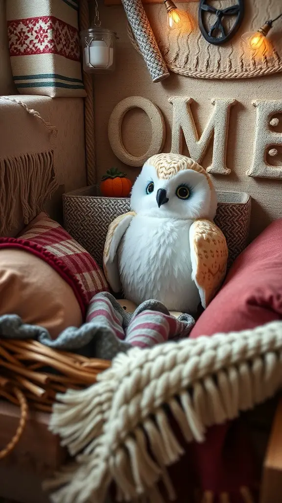 27+ Magical Harry Potter Room Decor Ideas for Every Fan 15 Cozy corner with plush owl, pillows, and warm lighting
